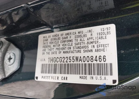 1998 Honda Accord Ex V6 z USA, uszkodzony, nr VIN 1HGCG2255WA008846